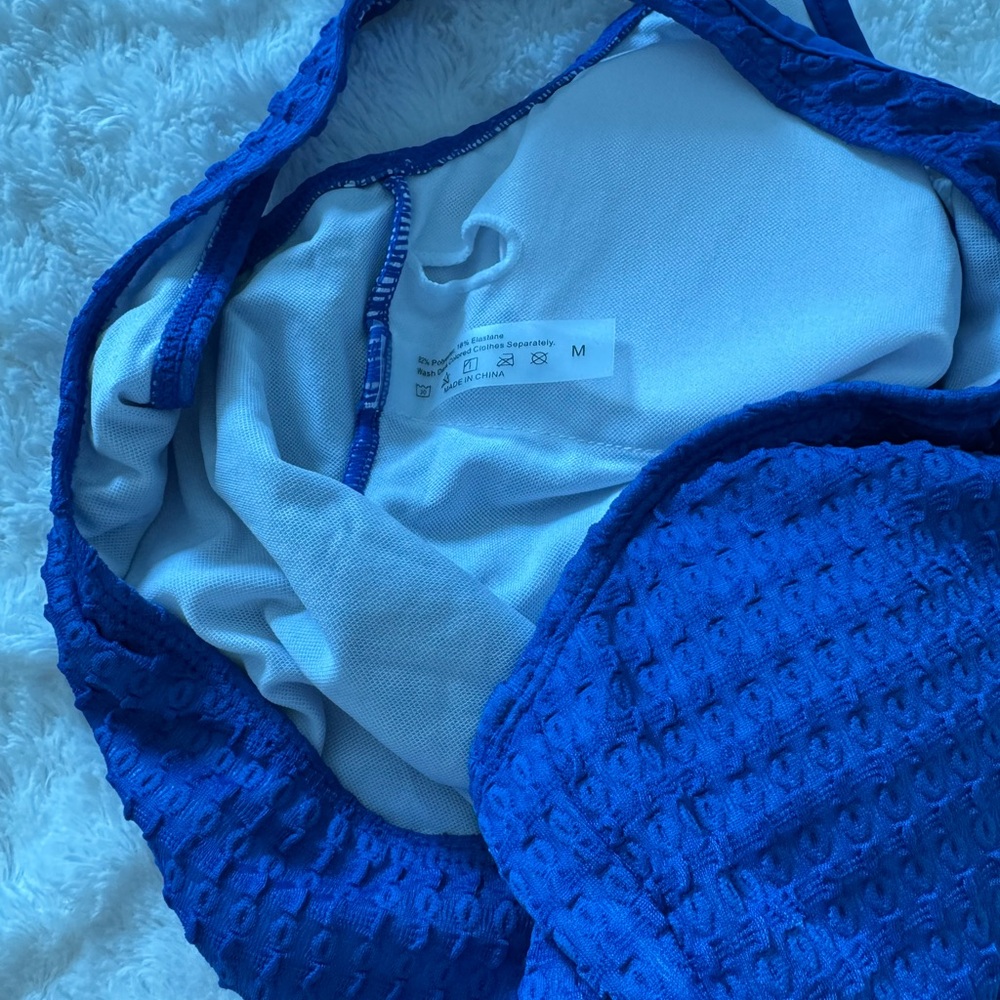 Blue Textured One Piece Swimsuit with Asymmetrical Cutout - Picture 5 of 5